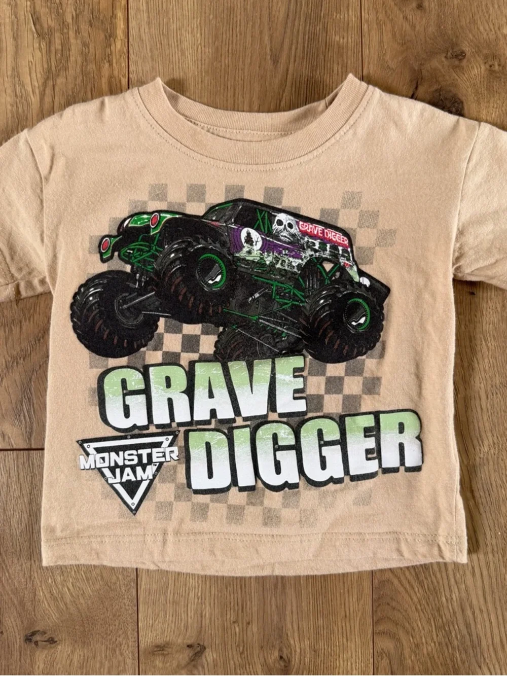Monster Jam Grave Digger Graphic Tee Short Sleeve Cotton Crew Beige 12M